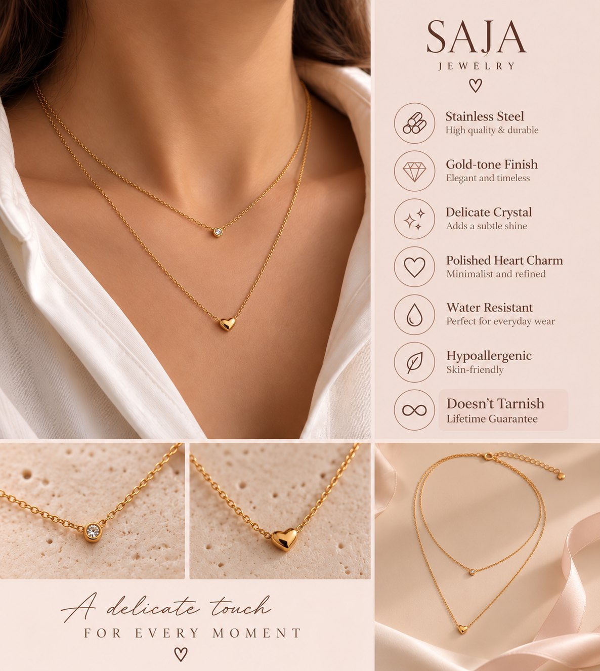 Collier double rang cœur et cristal