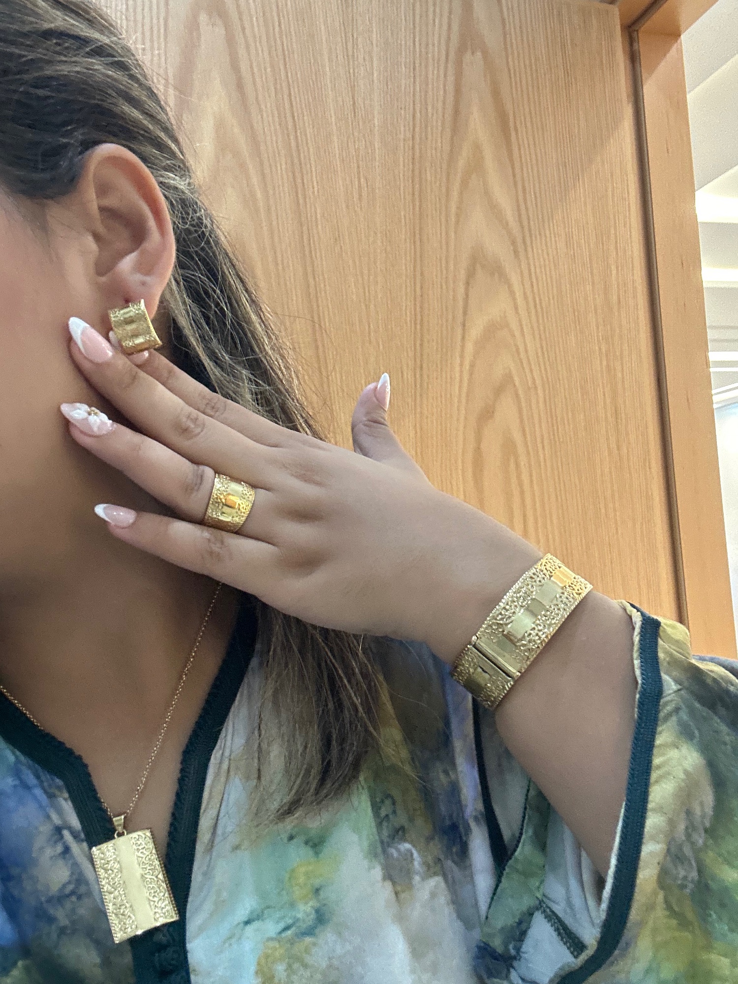 Gold-toned jewelry set necklace earrings ring bracelet