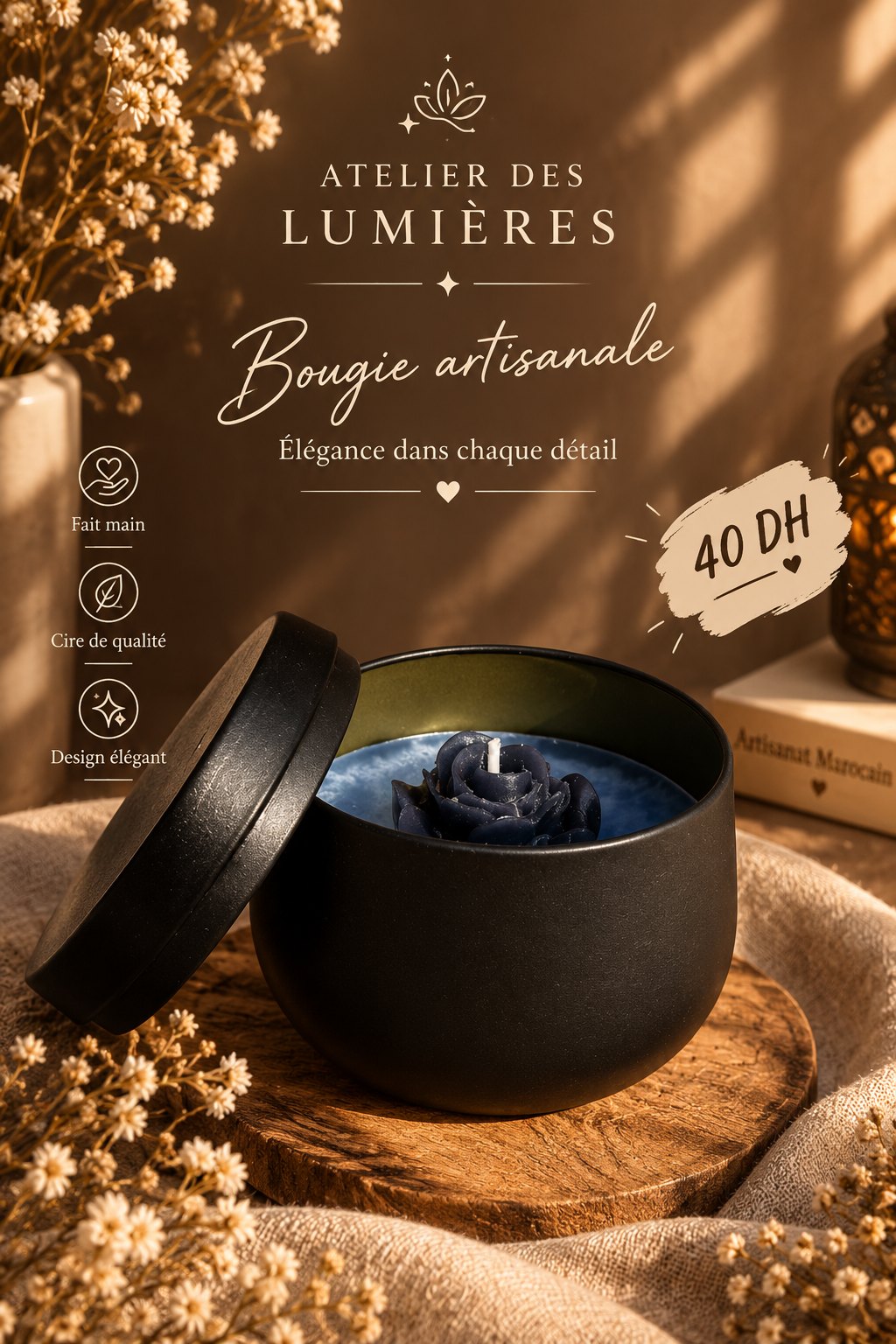 Bougie parfumée en pot noir avec rose