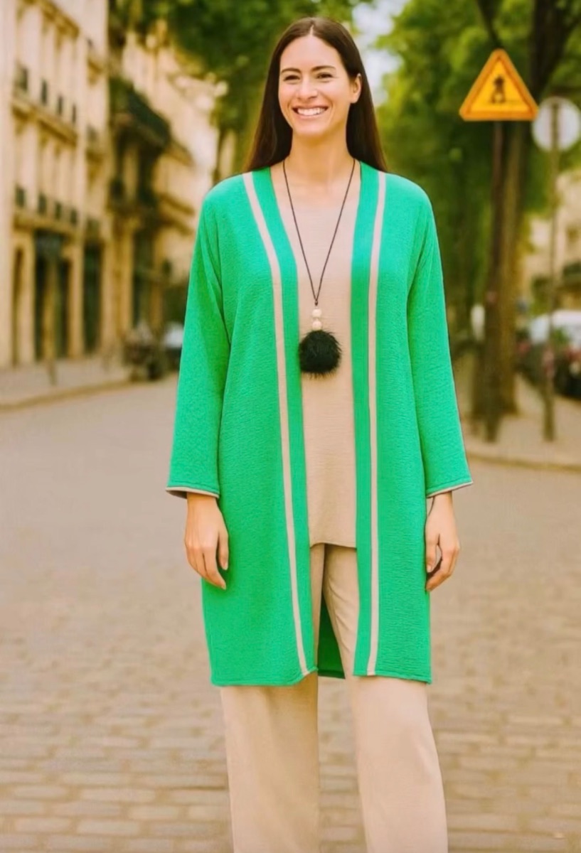 Long green cardigan with beige stripes