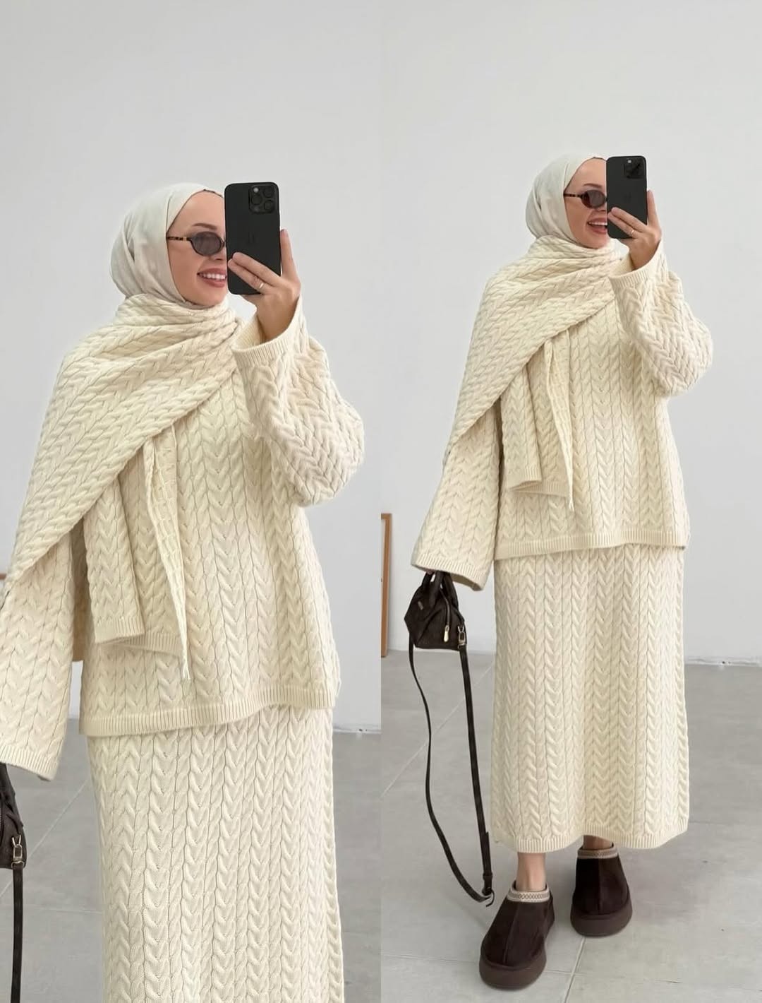 طقم كنزة وتنورة من الصوف مع وشاح