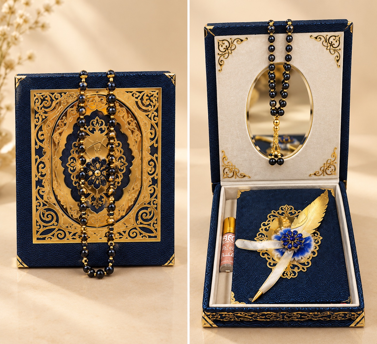 Coffret livre coran et chapelet – bleu nuit ou bordeaux