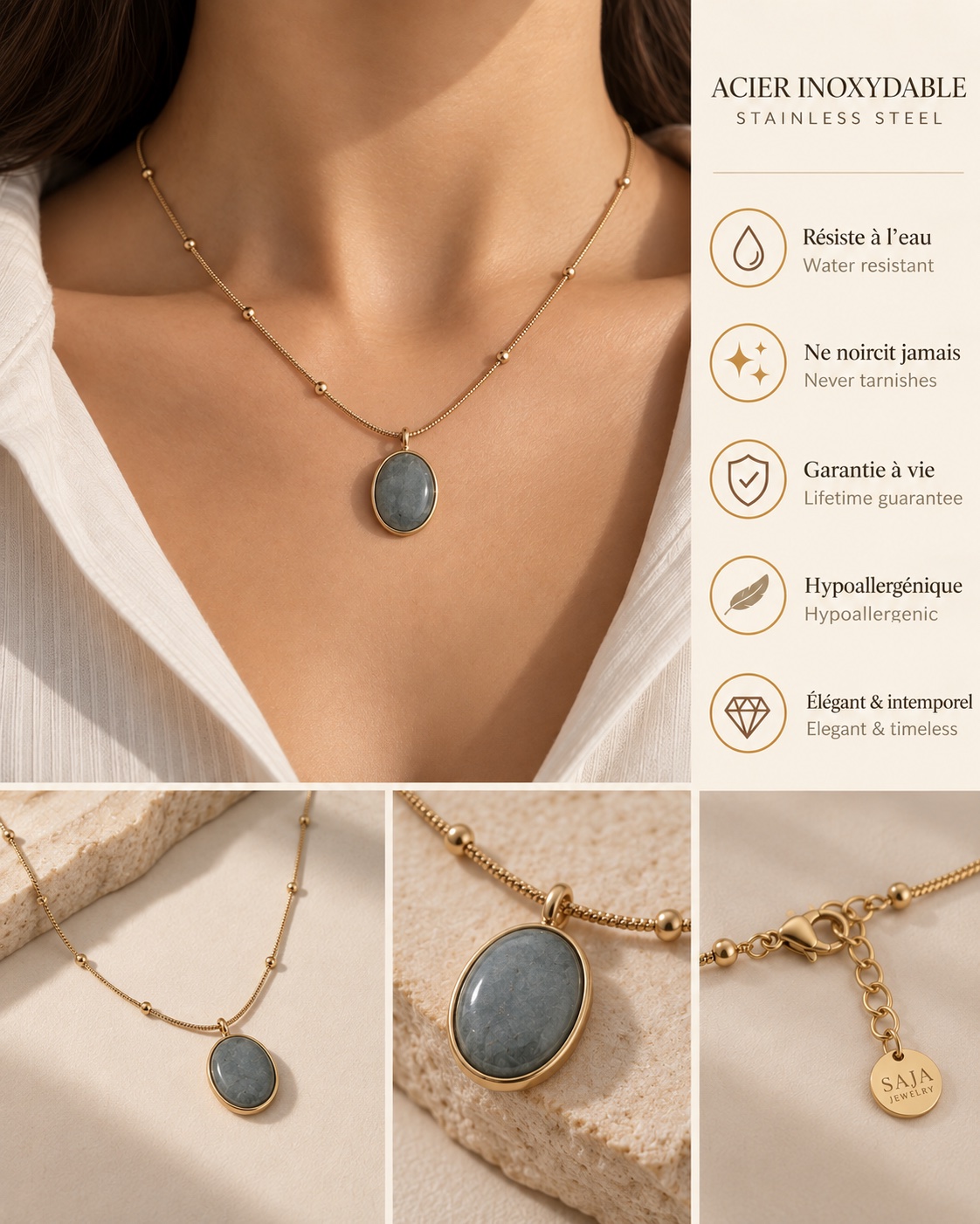 Collier acier inoxydable pierre ovale bleue