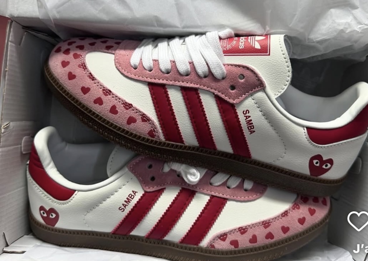 Adidas Samba pink and white sneakers with hearts
