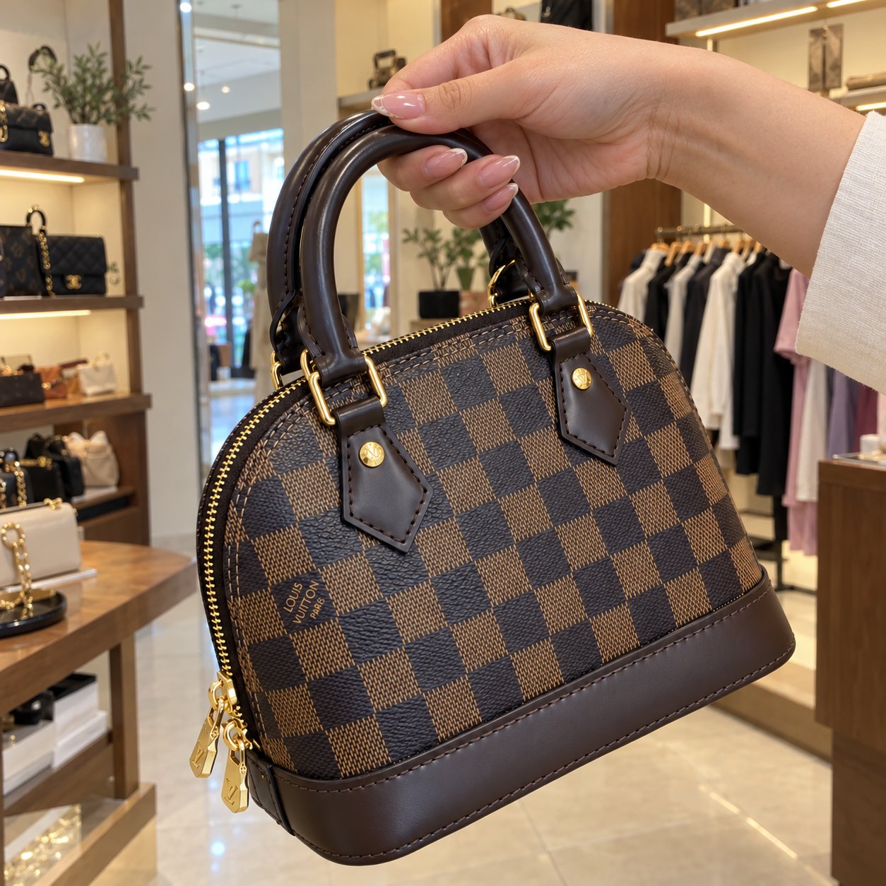 Sac à main à damier marron et beige